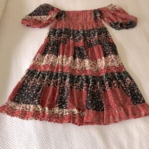 🆕💝Boho pattern dress! Smock back! Ruffle hem! Orange/black! M! On/off  shoulder!
